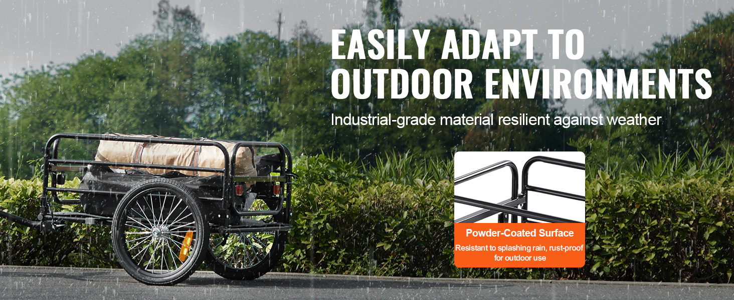 VEVOR bike cargo trailer with powder-coated surface and waterproof oxford fabric, adapting to rain.