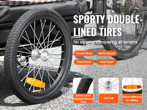 sporty double-lined tires on the VEVOR bike cargo trailer ensure no slipping on varied terrains.