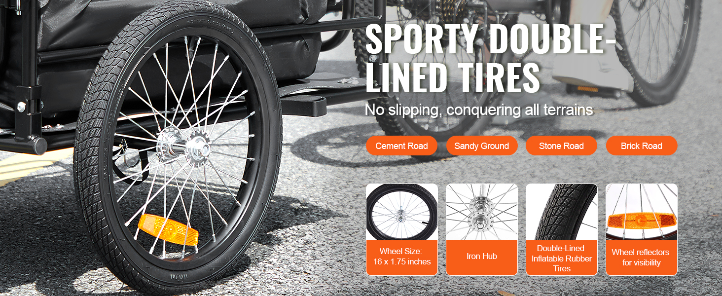 sporty double-lined tires on the VEVOR bike cargo trailer ensure no slipping on varied terrains.