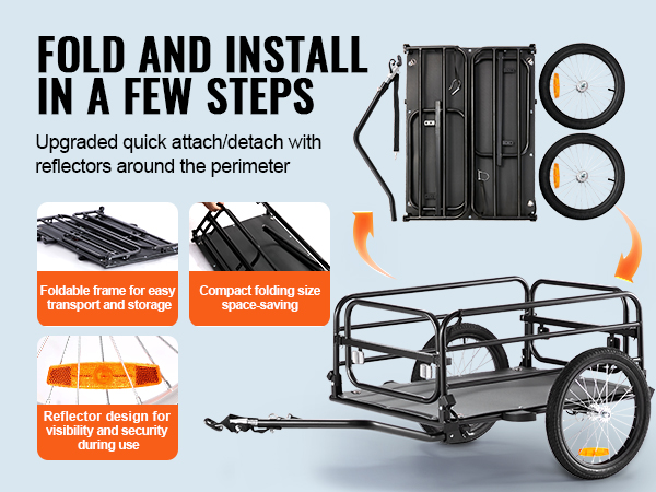 VEVOR bike cargo trailer with foldable frame, quick attach/detach, and reflectors for enhanced safety.