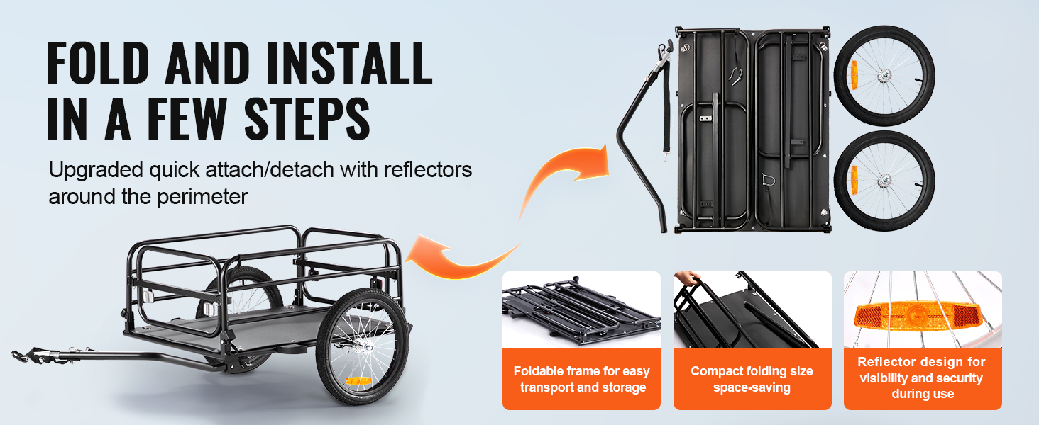 VEVOR bike cargo trailer with foldable frame, quick attach/detach, and reflectors for enhanced safety.