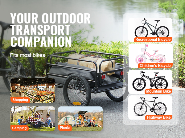 VEVOR bike cargo trailer attached to a bike, showing loaded trailer and suitability for various bike types.