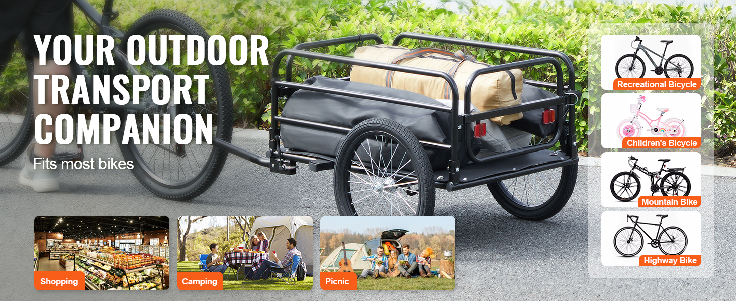 VEVOR bike cargo trailer attached to a bike, showing loaded trailer and suitability for various bike types.