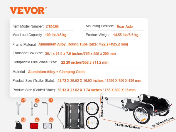 VEVOR bike cargo trailer with 100 lbs capacity, aluminum alloy frame, and foldable design for easy storage.