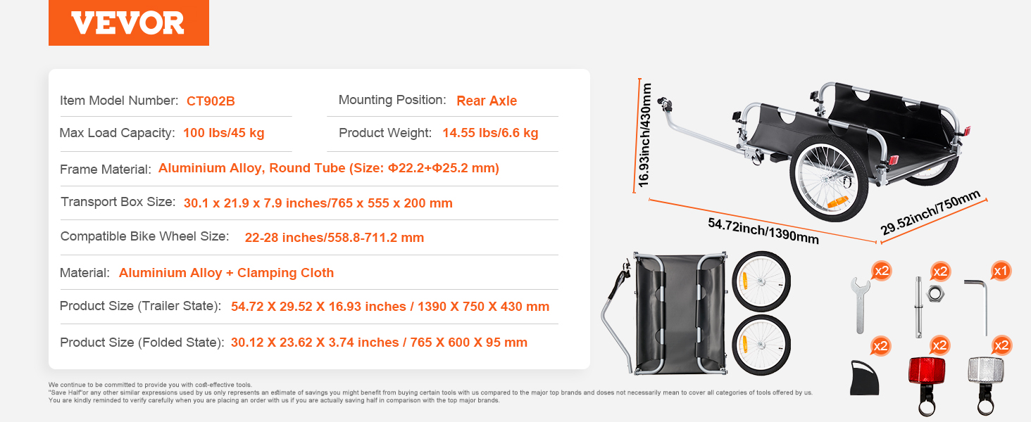 VEVOR bike cargo trailer with 100 lbs capacity, aluminum alloy frame, and foldable design for easy storage.