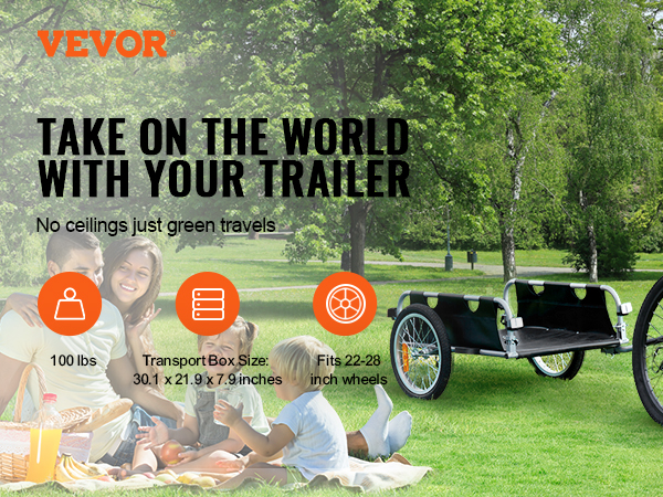 VEVOR bike cargo trailer in park, 100 lbs capacity, fits 22-28 inch wheels, 30.1 x 21.9 x 7.9 inches.