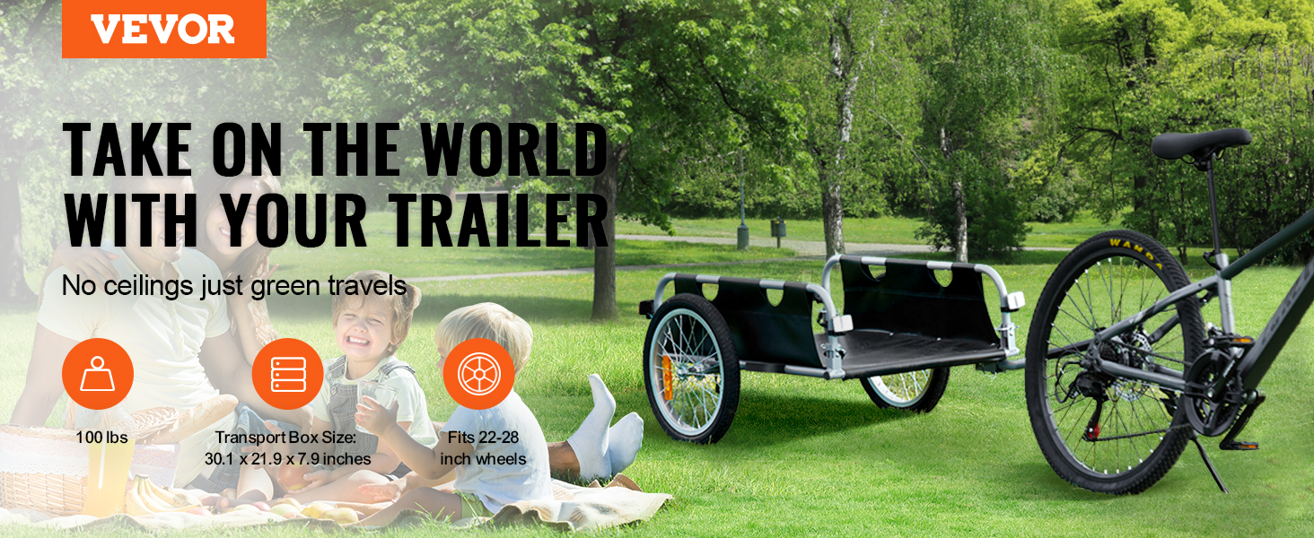 VEVOR bike cargo trailer in park, 100 lbs capacity, fits 22-28 inch wheels, 30.1 x 21.9 x 7.9 inches.