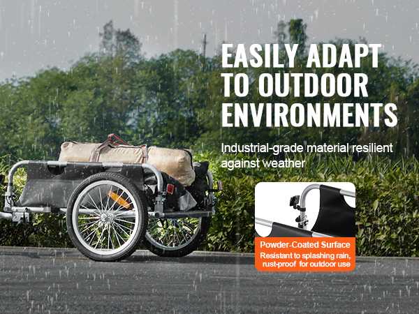 VEVOR bike cargo trailer in the rain, showcasing powder-coated surface and 420d oxford fabric waterproof cover.