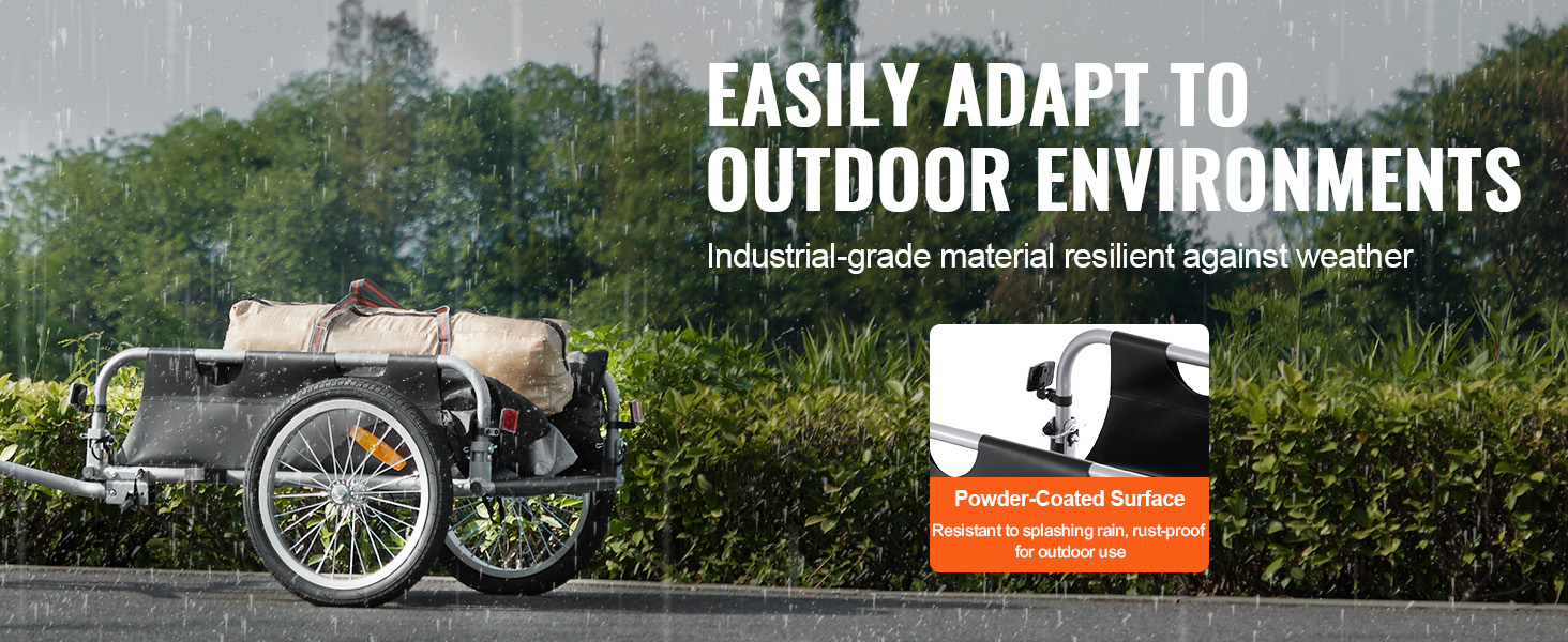 VEVOR bike cargo trailer in the rain, showcasing powder-coated surface and 420d oxford fabric waterproof cover.