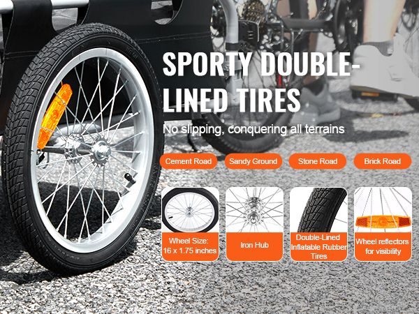 VEVOR bike cargo trailer with sporty double-lined tires, visible wheel reflectors, and durable iron hub.