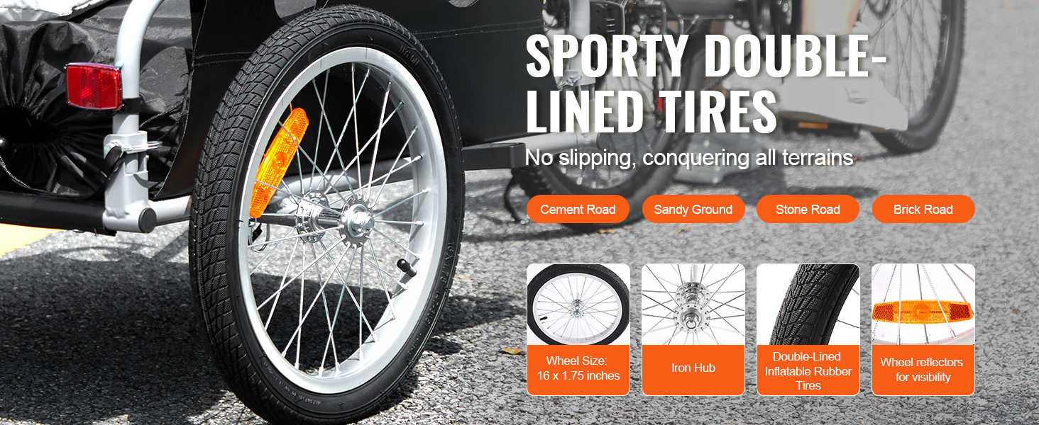 VEVOR bike cargo trailer with sporty double-lined tires, visible wheel reflectors, and durable iron hub.