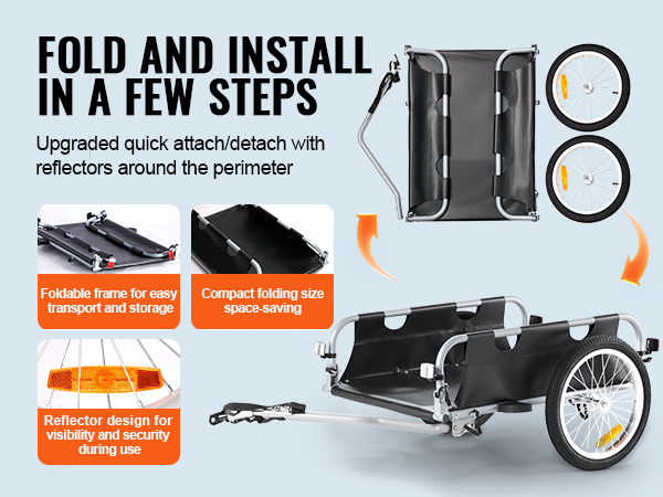 foldable VEVOR bike cargo trailer with quick attach/detach, compact storage, and reflector design.