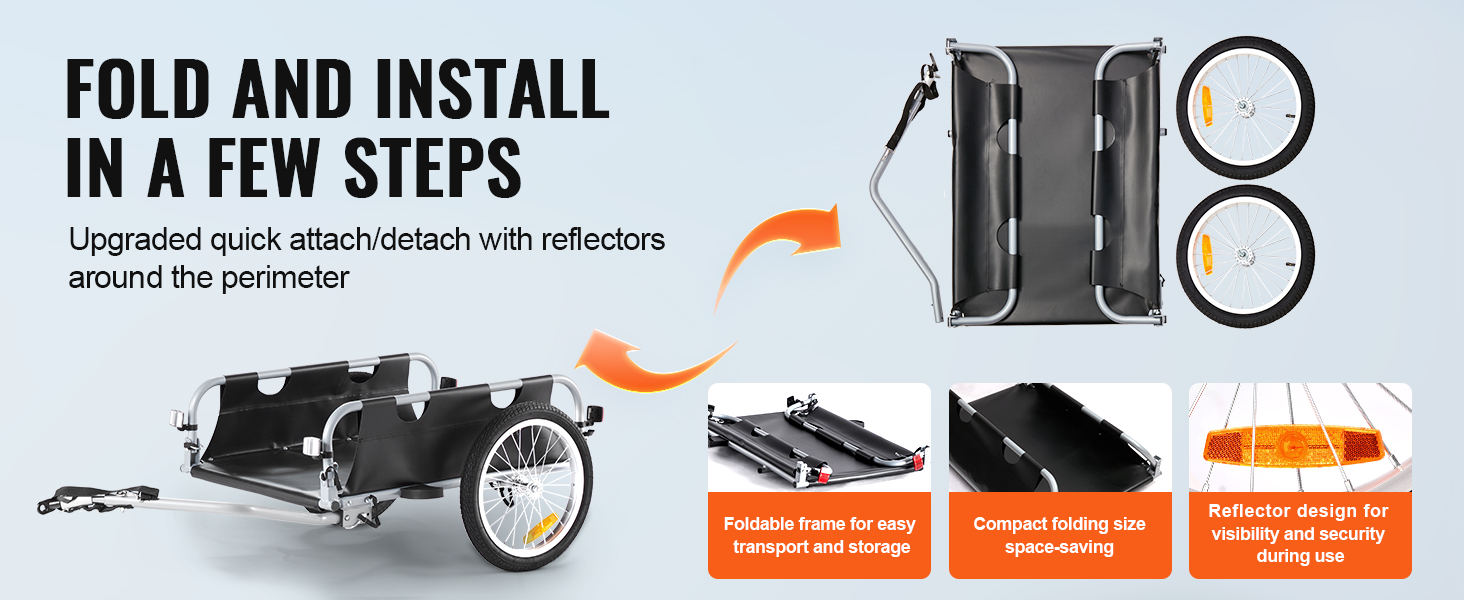 foldable VEVOR bike cargo trailer with quick attach/detach, compact storage, and reflector design.
