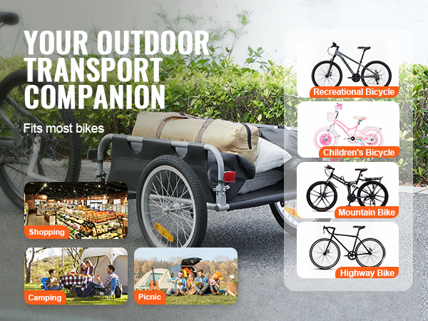 VEVOR bike cargo trailer ideal for shopping, camping, picnics; compatible with various bike types.