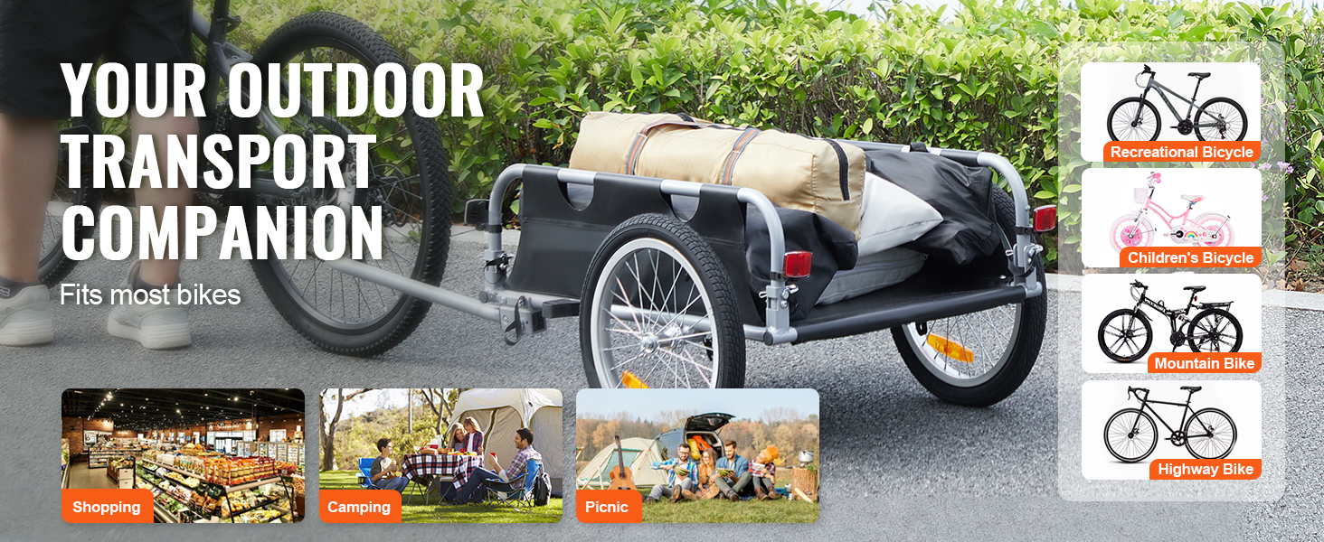 VEVOR bike cargo trailer ideal for shopping, camping, picnics; compatible with various bike types.