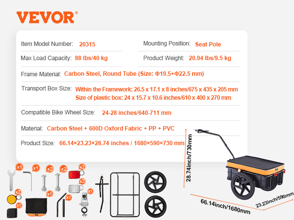 VEVOR bike cargo trailer details with dimensions, components, and key features displayed.