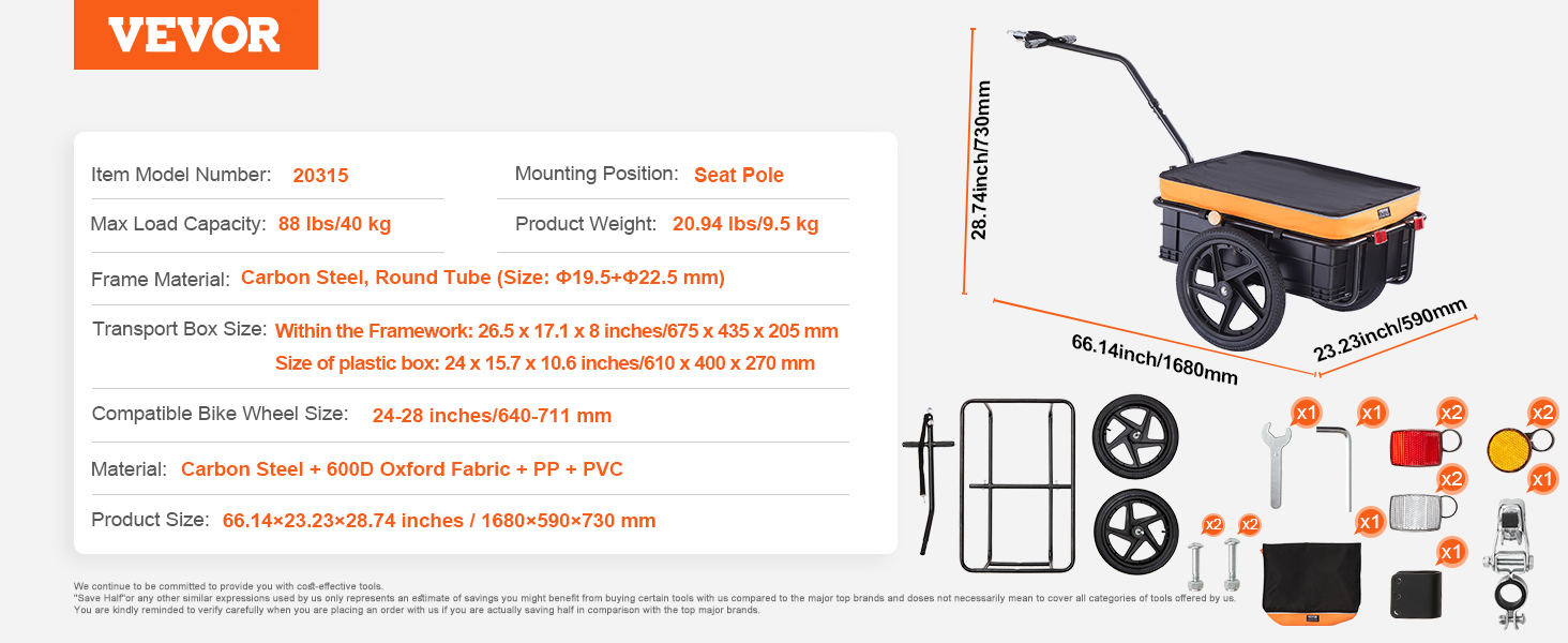 VEVOR bike cargo trailer details with dimensions, components, and key features displayed.