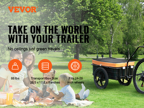 VEVOR bike cargo trailer enjoying a park, ideal for green travels and carrying up to 88 lbs effortlessly.