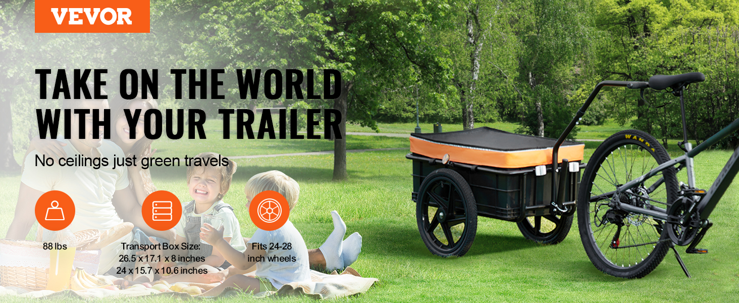 VEVOR bike cargo trailer enjoying a park, ideal for green travels and carrying up to 88 lbs effortlessly.