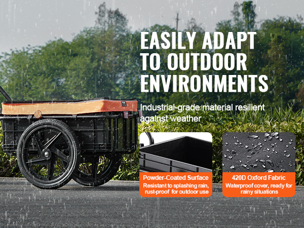 VEVOR bike cargo trailer in rain, showcasing waterproof cover, powder-coated surface, outdoor resilience.