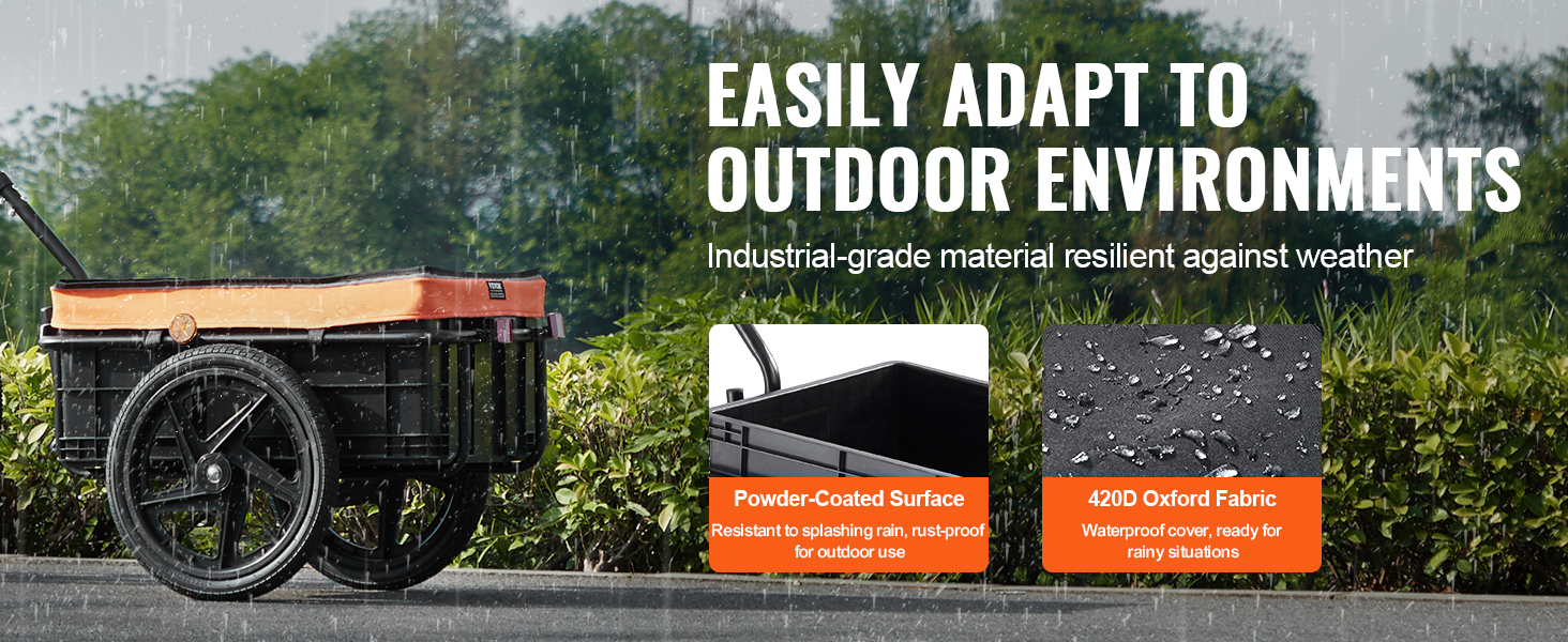 VEVOR bike cargo trailer in rain, showcasing waterproof cover, powder-coated surface, outdoor resilience.