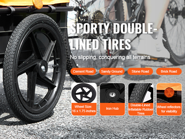 VEVOR bike cargo trailer with sporty double-lined tires for all terrains, including cement and sandy ground.
