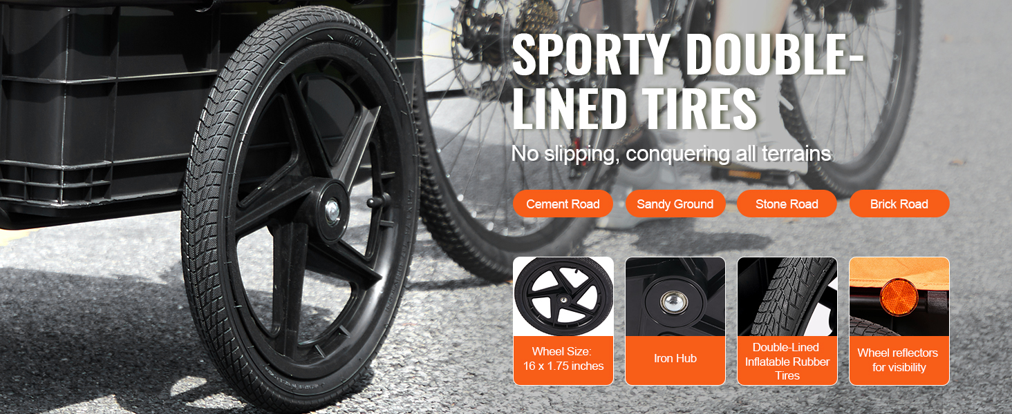 VEVOR bike cargo trailer with sporty double-lined tires for all terrains, including cement and sandy ground.