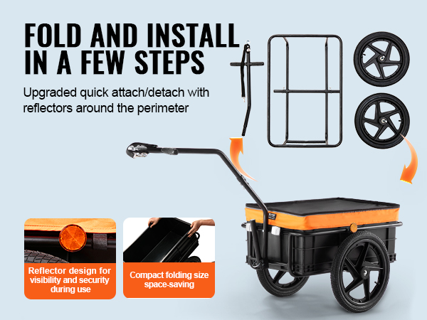 VEVOR bike cargo trailer folding assembly, quick attach/detach, reflectors for visibility and security.
