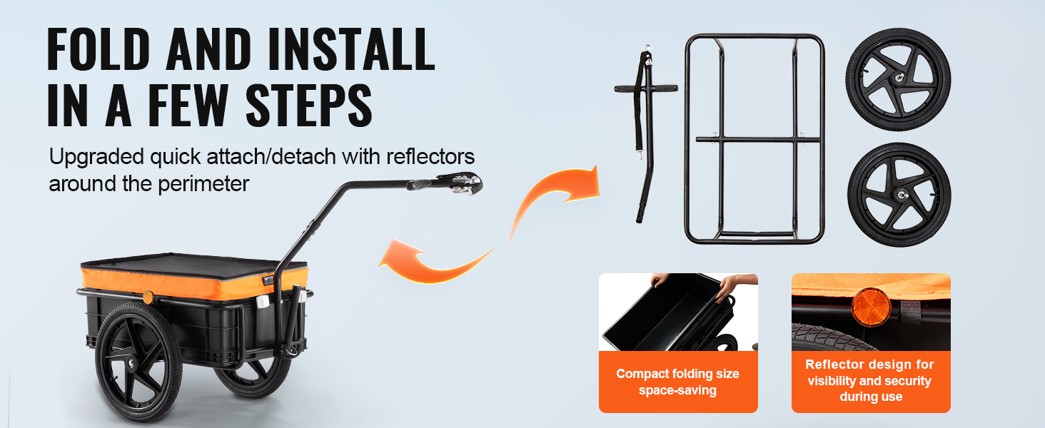 VEVOR bike cargo trailer folding assembly, quick attach/detach, reflectors for visibility and security.