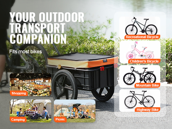 VEVOR bike cargo trailer: your outdoor transport companion, fits most bike types including road bikes.