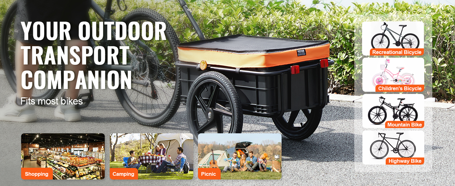VEVOR bike cargo trailer: your outdoor transport companion, fits most bike types including road bikes.