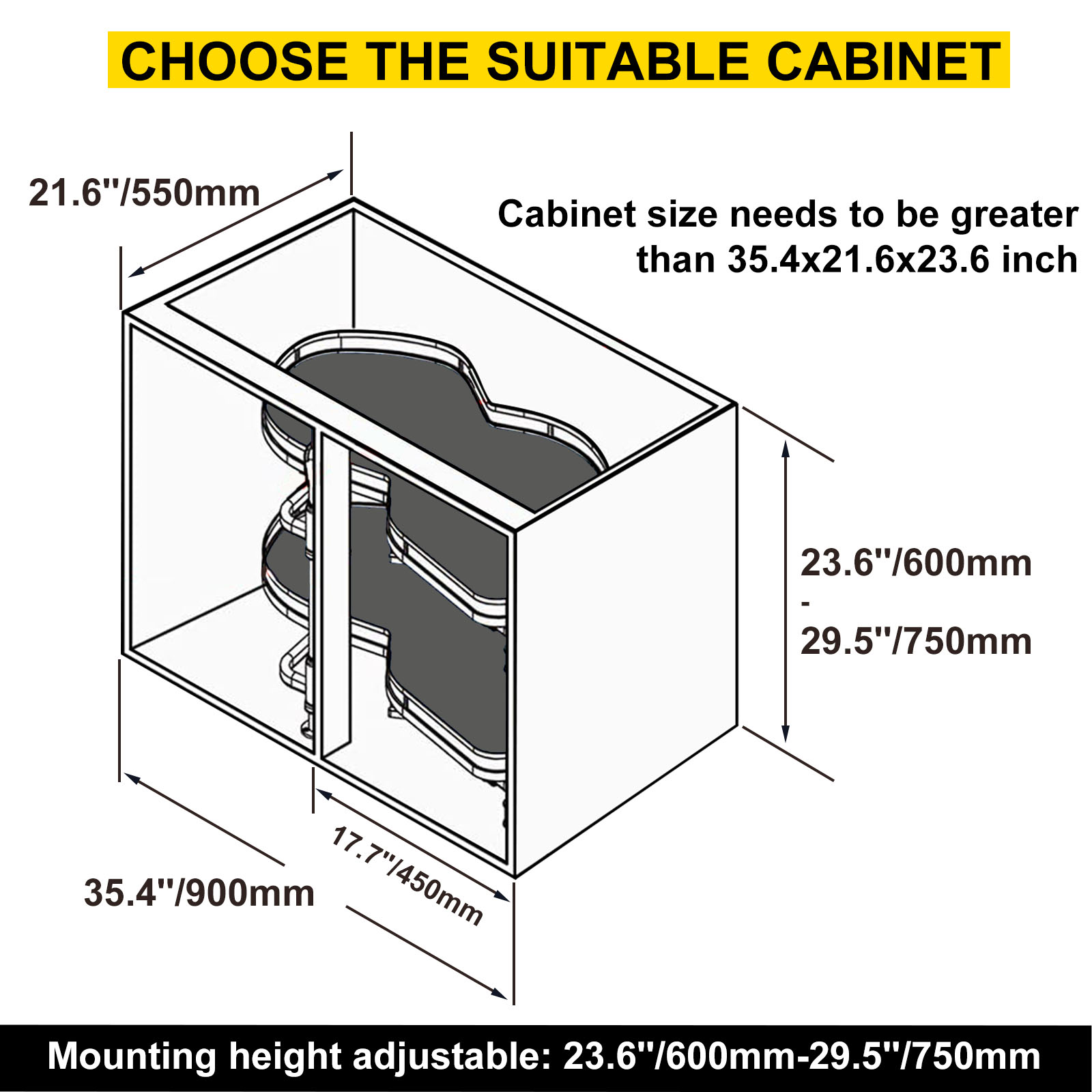 VEVOR blind corner cabinet pull out dimensions and suitable cabinet size specifications.