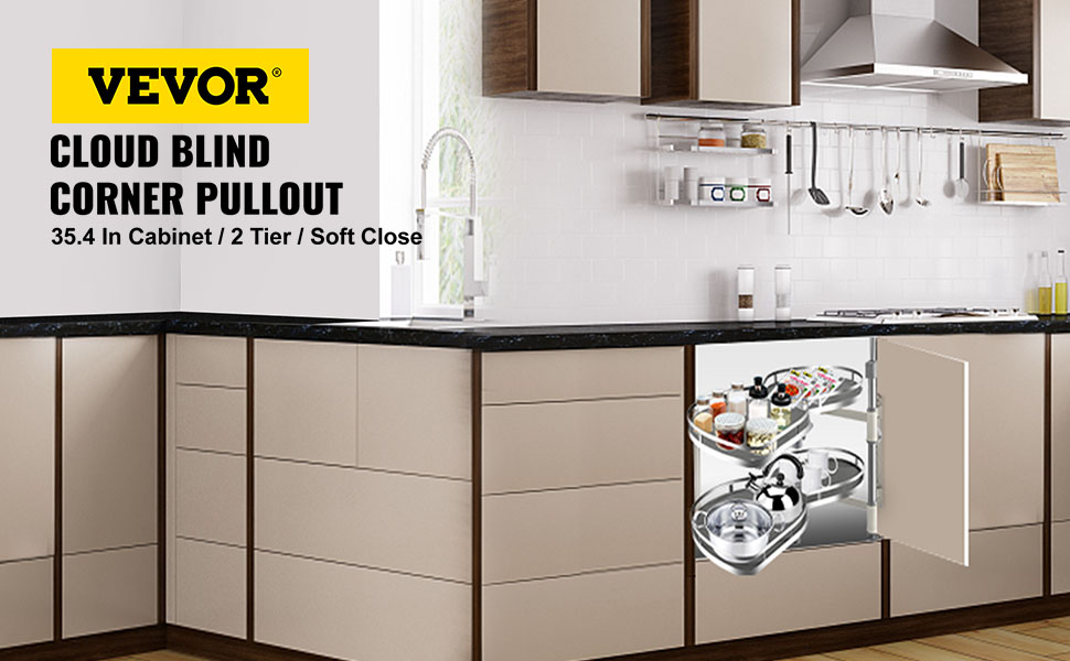modern kitchen with VEVOR swing left blind corner cabinet pull out fully extended.