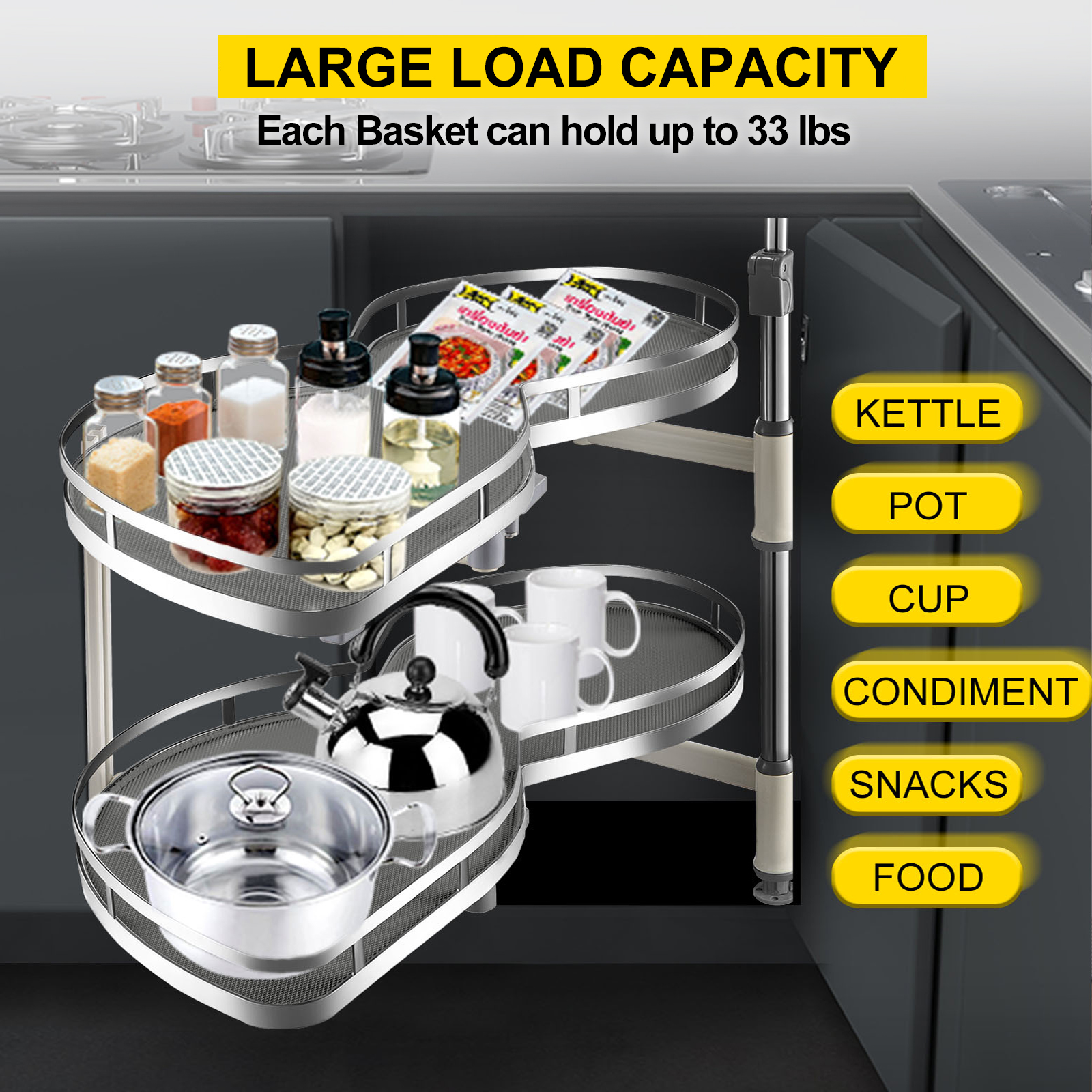 VEVOR swing left blind corner cabinet pull out with jars, kettle, cups, and pots.