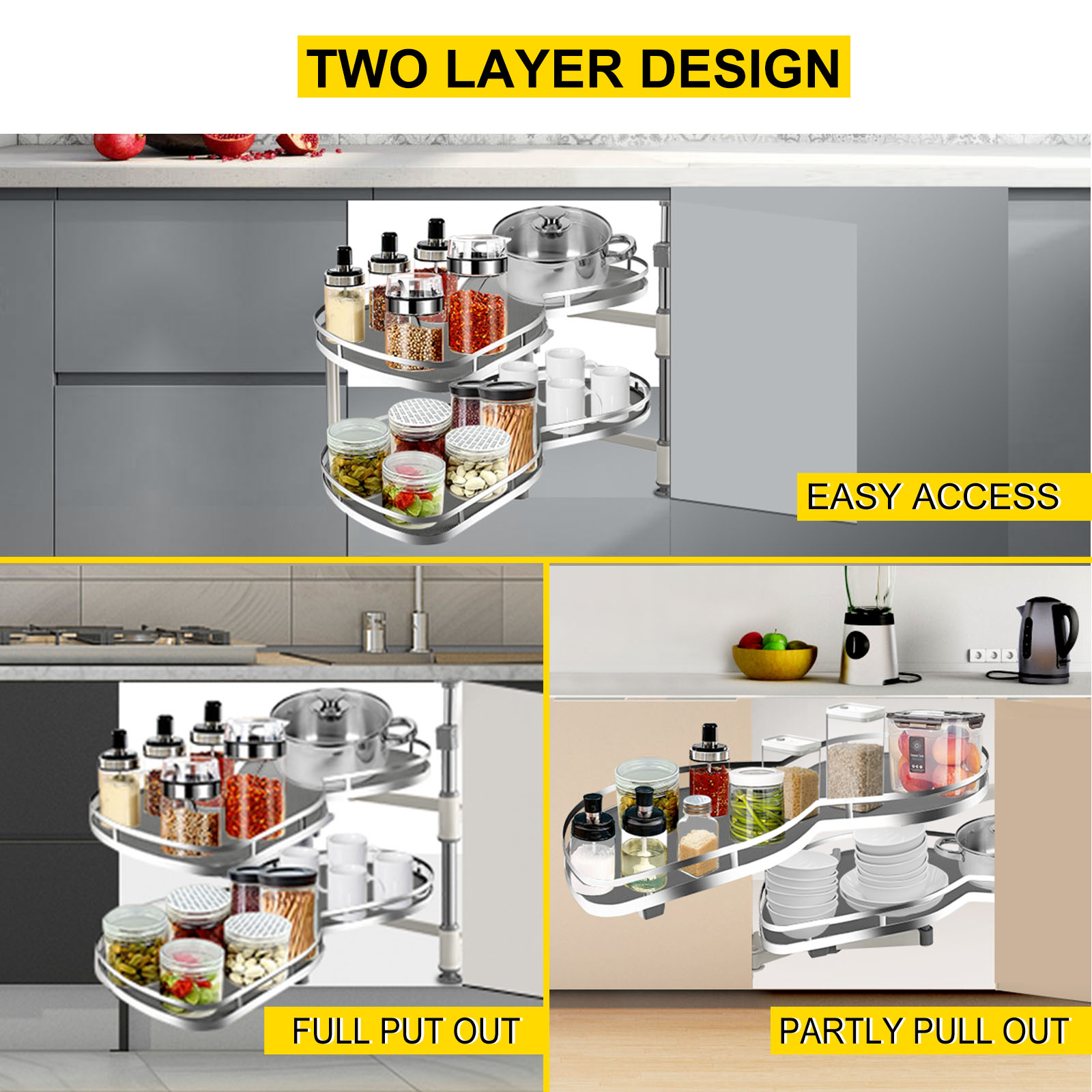 two-layer VEVOR swing left blind corner cabinet pull out for easy kitchen storage.