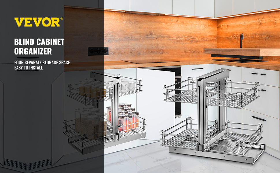VEVOR blind corner cabinet organizer in modern kitchen with wood finish countertop.