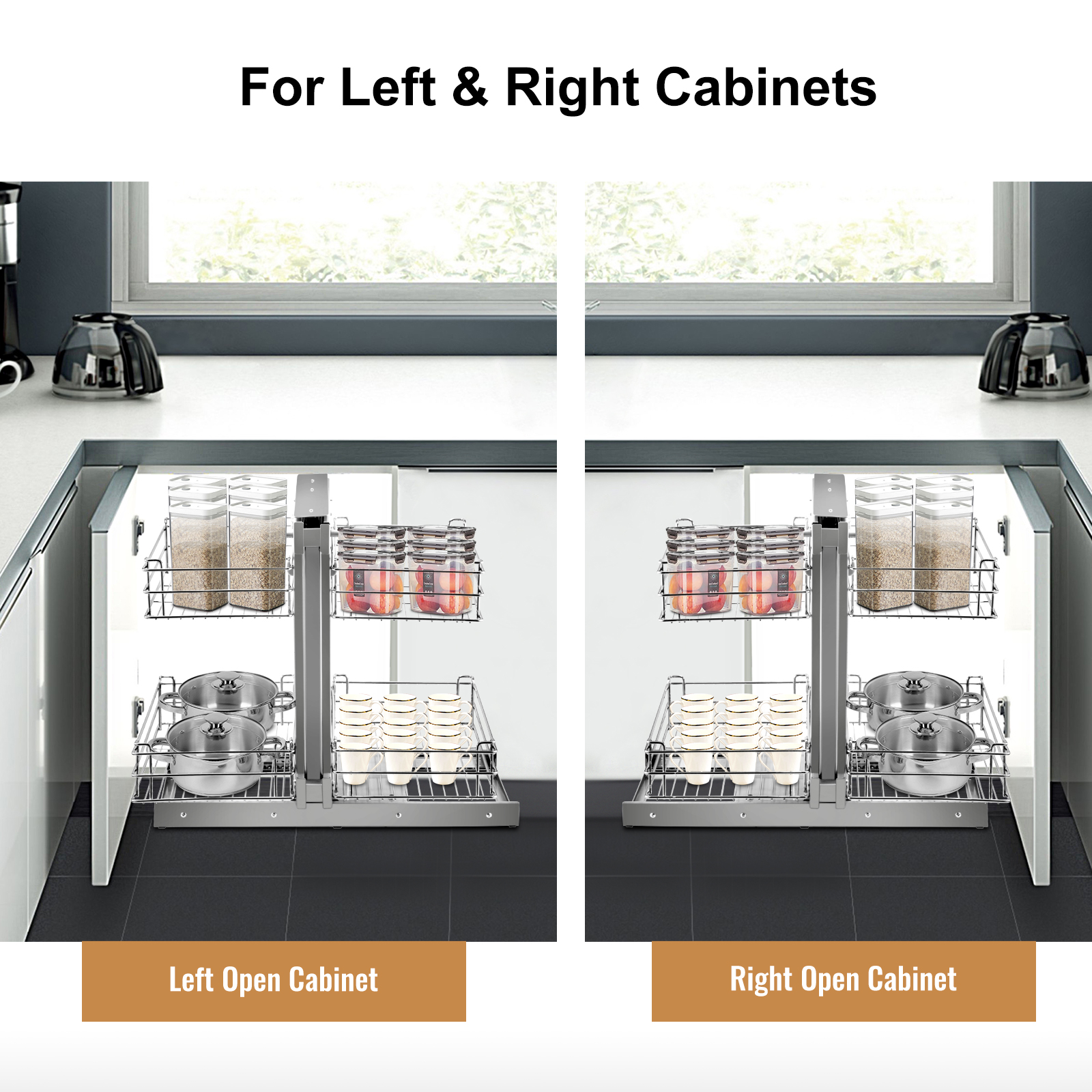VEVOR blind corner cabinet organizer for left and right cabinets with organized pots and jars.