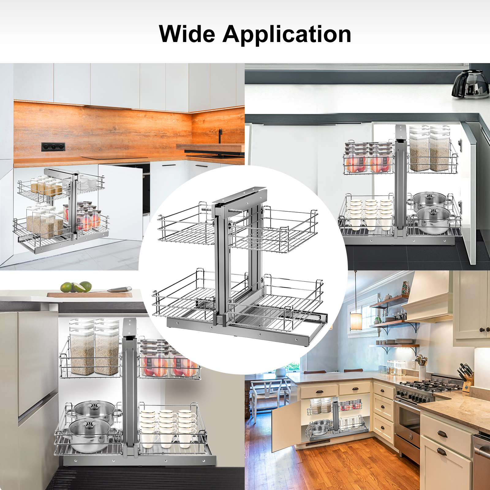 VEVOR blind corner cabinet organizer in various kitchen setups for optimized storage.