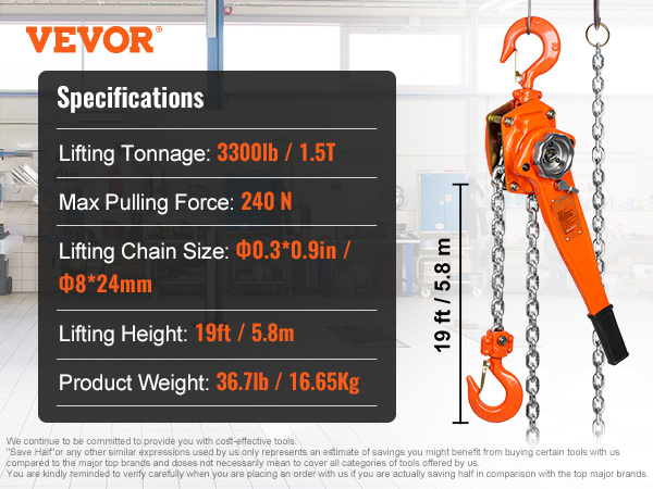 VEVOR lever chain hoist specifications: 3300lb capacity, 240n pull force, 19ft lift height, 36.7lb weight.