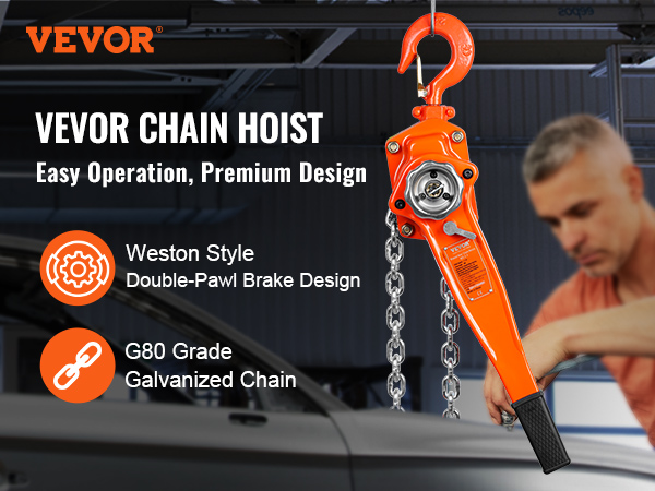 VEVOR lever chain hoist with weston style double-pawl brake design and g80 grade galvanized chain.