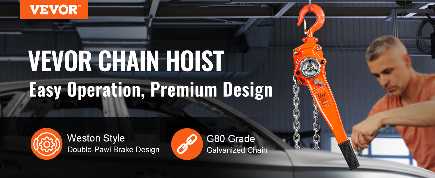 VEVOR lever chain hoist with weston style double-pawl brake design and g80 grade galvanized chain.