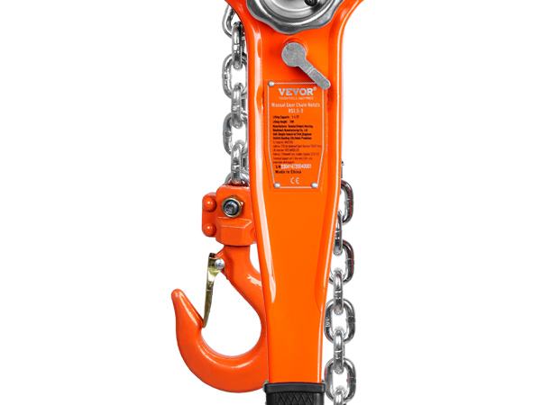 orange VEVOR lever chain hoist with heavy-duty steel hook and chain mechanism.
