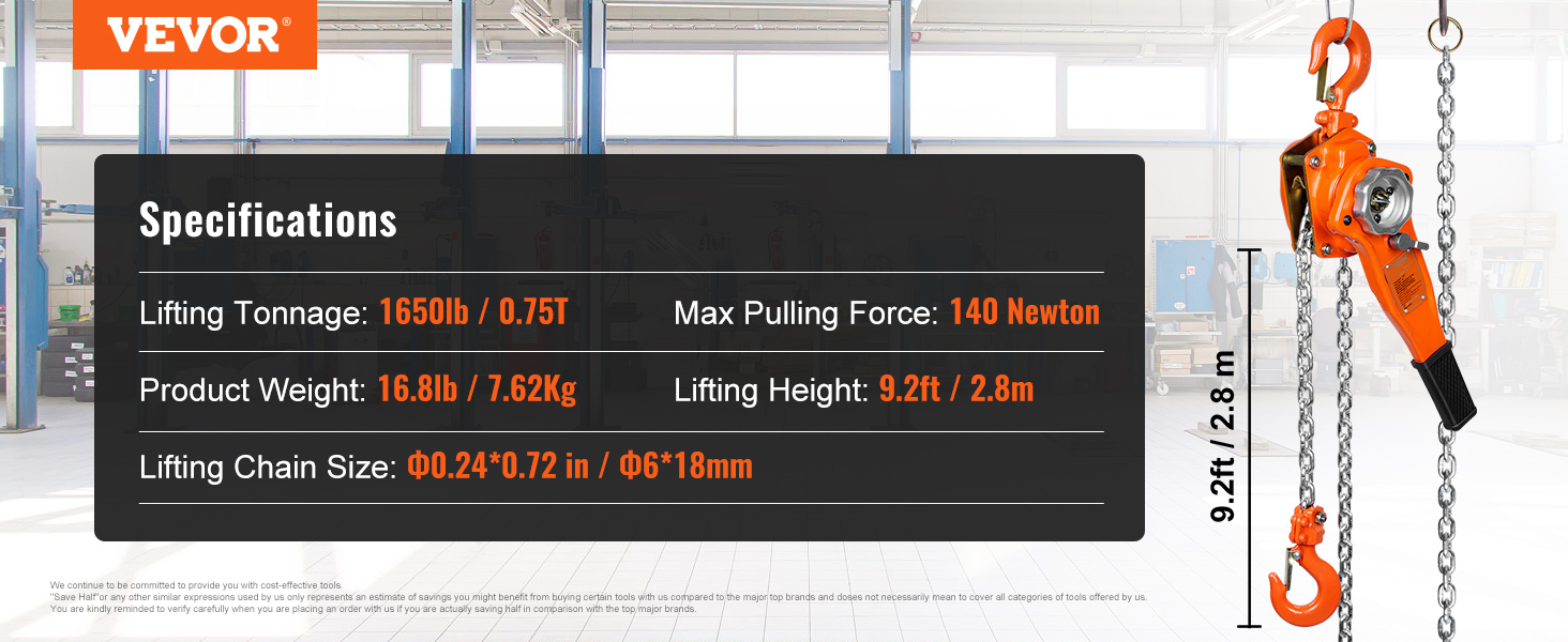 VEVOR chain hoist specifications: 1650 lb capacity, 16.8 lb weight, 9.2 ft height, and orange design.