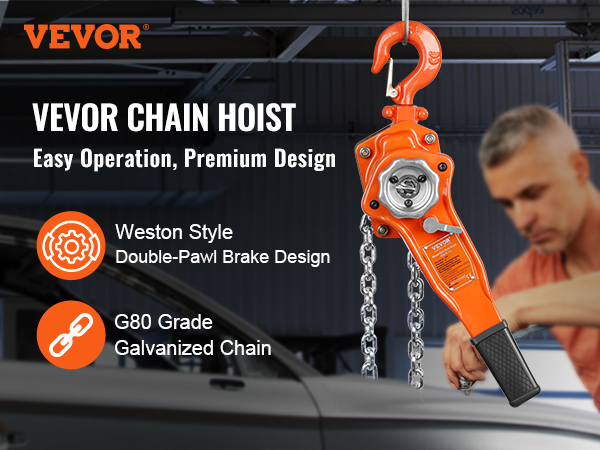 VEVOR chain hoist: easy operation, premium design, weston style, g80 grade galvanized chain.