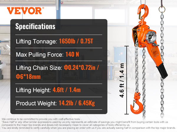 VEVOR chain lift specifications: 1650lb lifting, 140n pulling force, 4.6ft height, 14.2lb weight.