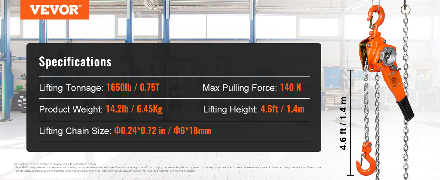 VEVOR chain lift specifications: 1650lb lifting, 140n pulling force, 4.6ft height, 14.2lb weight.
