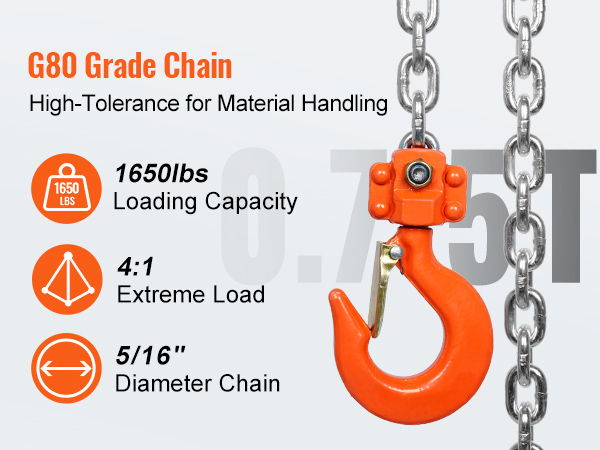 g80 grade chain with 1650lbs load capacity, 4:1 extreme load, and 5/16" diameter for VEVOR chain lift.