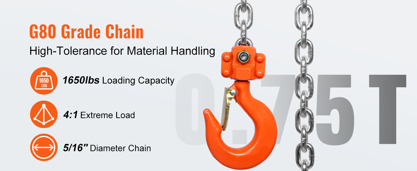 g80 grade chain with 1650lbs load capacity, 4:1 extreme load, and 5/16" diameter for VEVOR chain lift.