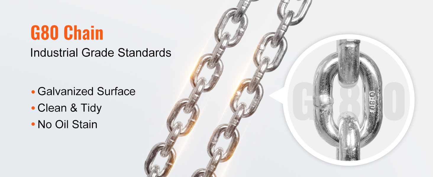 g80 chain with galvanized surface, clean & tidy, no oil stain. industrial grade standards for VEVOR chain lift.