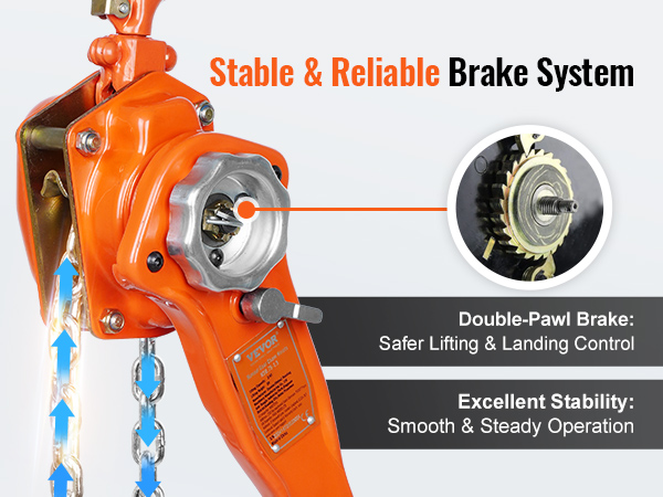 VEVOR chain lift with double-pawl brake system for stable and reliable lifting and landing control.